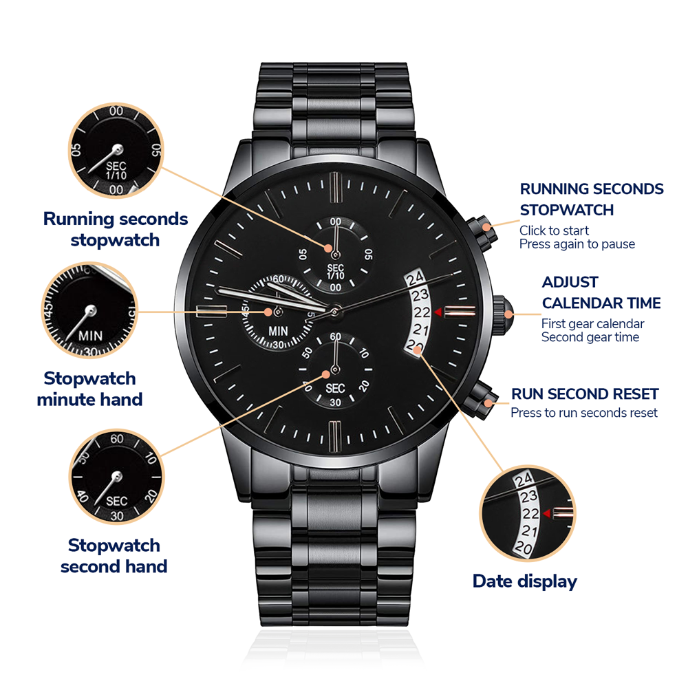 Engraved Black Watch for Men, Five Heartfelt Message Designs