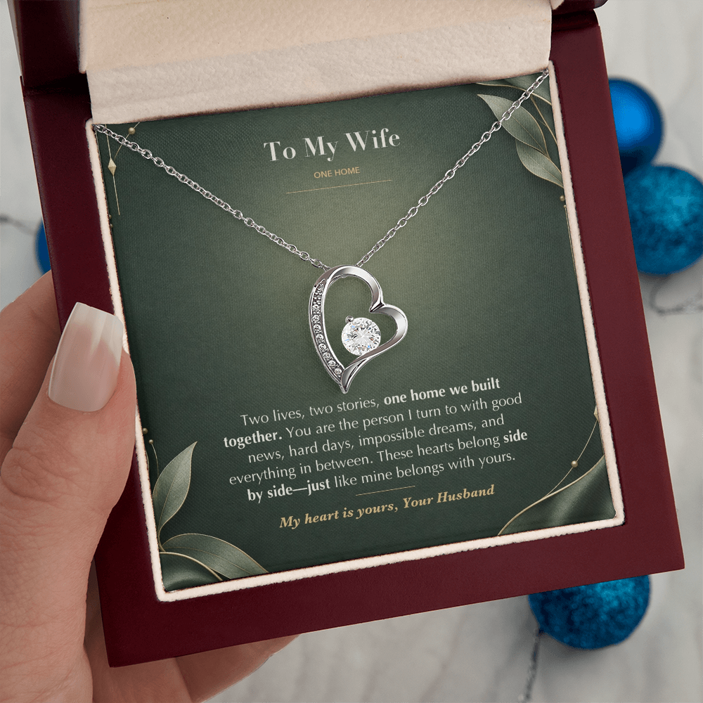 To My Wife Necklace from Husband – Forever Love Heart Pendant with One Home Message Card & Gift Box