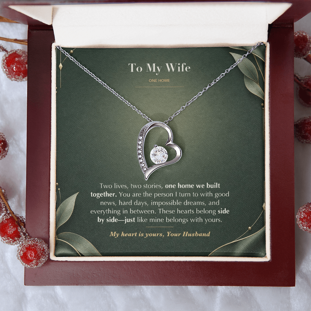 To My Wife Necklace from Husband – Forever Love Heart Pendant with One Home Message Card & Gift Box