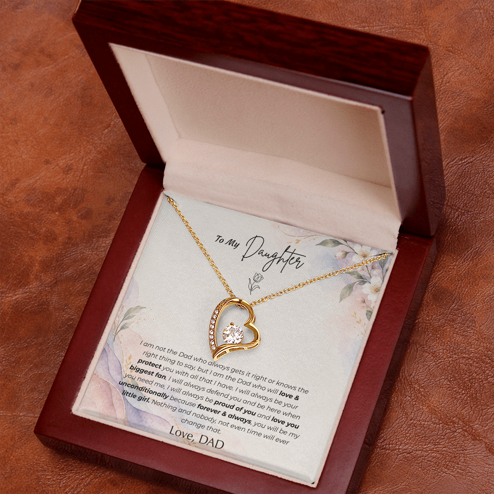 To My Daughter Necklace from Dad – "You'll Always Be My Little Girl" Forever Love Heart Pendant with Message Card & Gift Box – Christmas Gift for Daughter