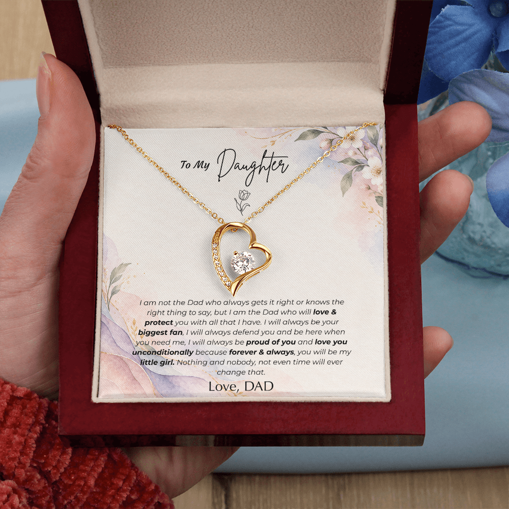 To My Daughter Necklace from Dad – "You'll Always Be My Little Girl" Forever Love Heart Pendant with Message Card & Gift Box – Christmas Gift for Daughter