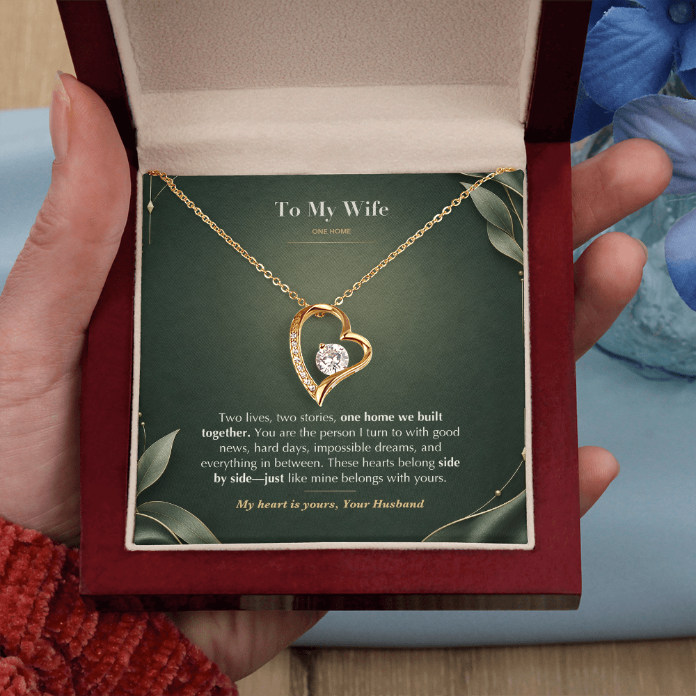 To My Wife Necklace from Husband – Forever Love Heart Pendant with One Home Message Card & Gift Box