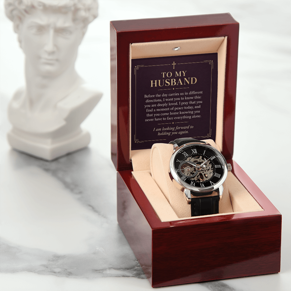 To My Husband Openwork Watch – "Peace Today" Message Card & Luxury Gift Box, Christian Faith Gift for Husband