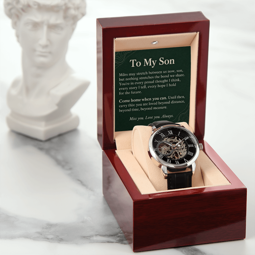 To My Son Openwork Watch – "Beyond Distance" Message Card & Luxury Gift Box, Inspirational Gift for Son