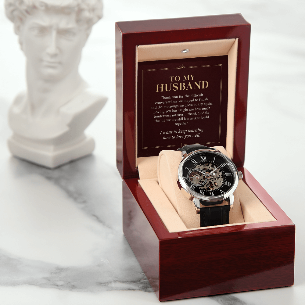 To My Husband Openwork Watch – "Keep Learning to Love You" Message Card & Luxury Gift Box, Christian Faith Gift for Husband