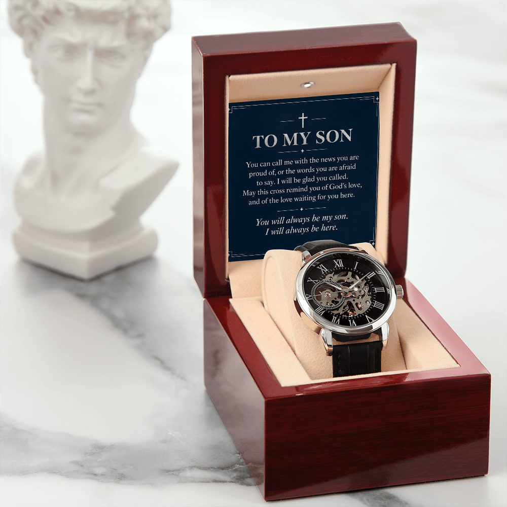 To My Son Openwork Watch – "Always Be Here" Message Card & Luxury Gift Box, Christian Faith Gift for Son