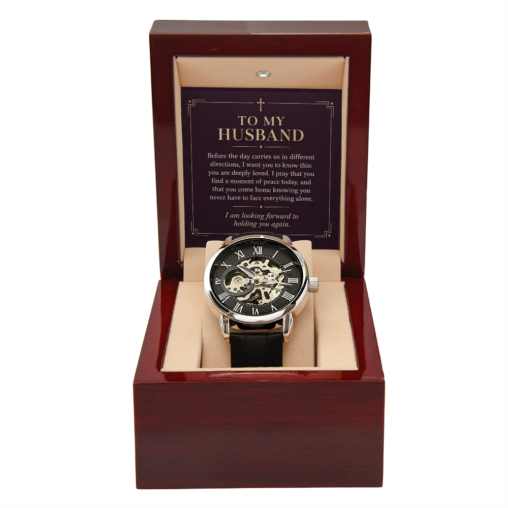 To My Husband Openwork Watch – "Peace Today" Message Card & Luxury Gift Box, Christian Faith Gift for Husband