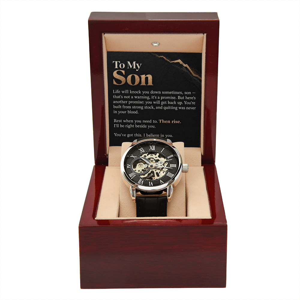 To My Son Openwork Watch – "Then Rise" Message Card & Luxury Gift Box, Inspirational Gift for Son