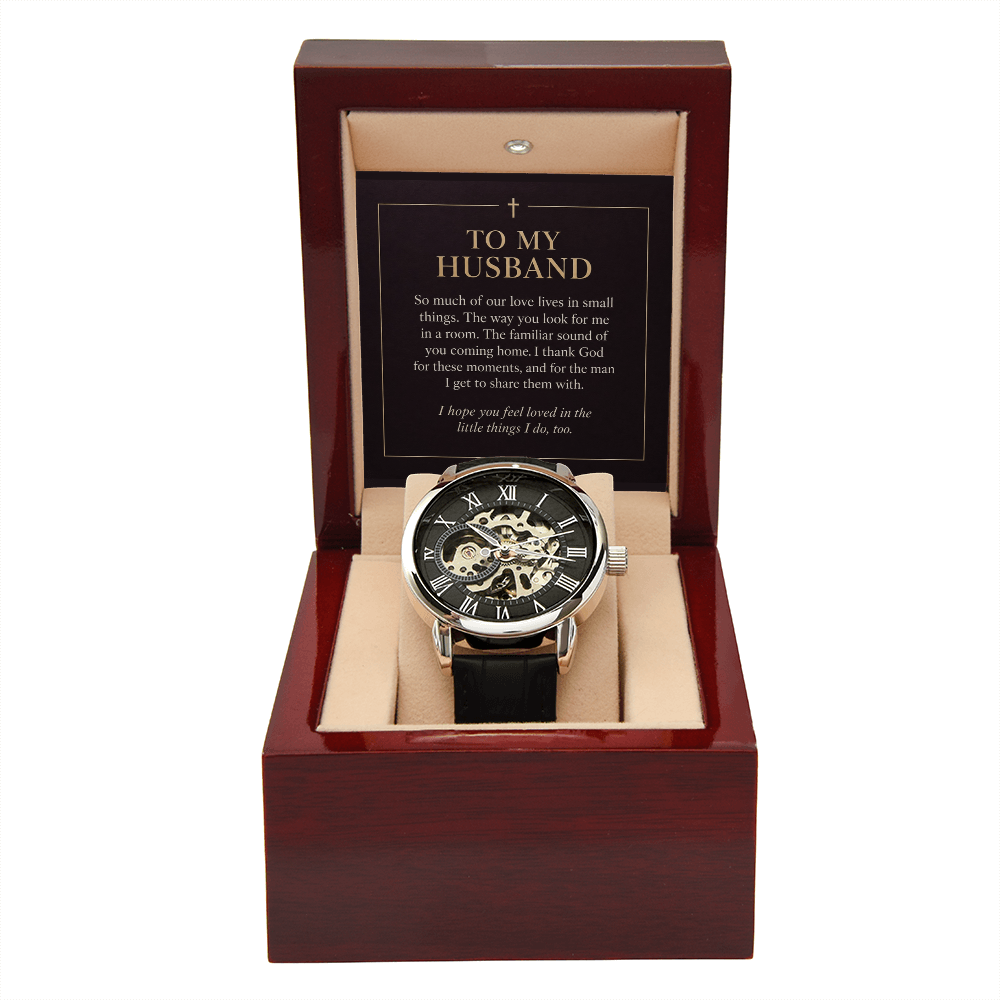 To My Husband Openwork Watch – "Love in Small Things" Message Card & Luxury Gift Box, Christian Faith Gift for Husband