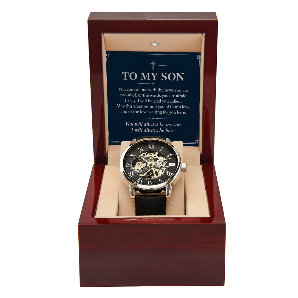 To My Son Openwork Watch – "Always Be Here" Message Card & Luxury Gift Box, Christian Faith Gift for Son