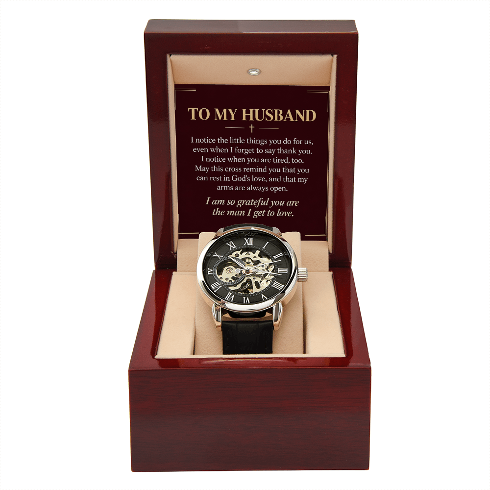 To My Husband Openwork Watch – "Grateful for You" Message Card & Luxury Gift Box, Christian Faith Gift for Husband