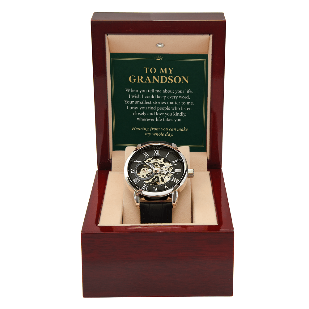 To My Grandson Openwork Watch – "Whole Day" Message Card & Luxury Gift Box, Gift for Grandson