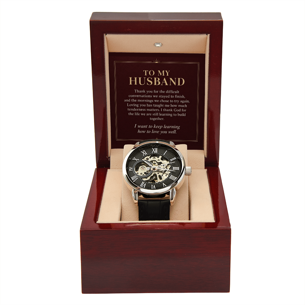 To My Husband Openwork Watch – "Keep Learning to Love You" Message Card & Luxury Gift Box, Christian Faith Gift for Husband
