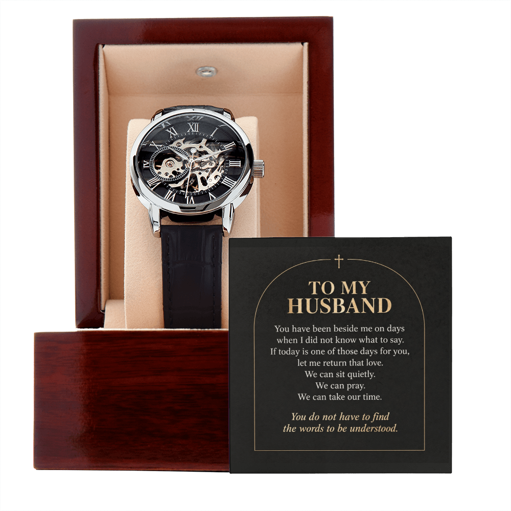To My Husband Openwork Watch – "Quiet Prayer" Message Card & Luxury Gift Box, Christian Faith Gift for Husband