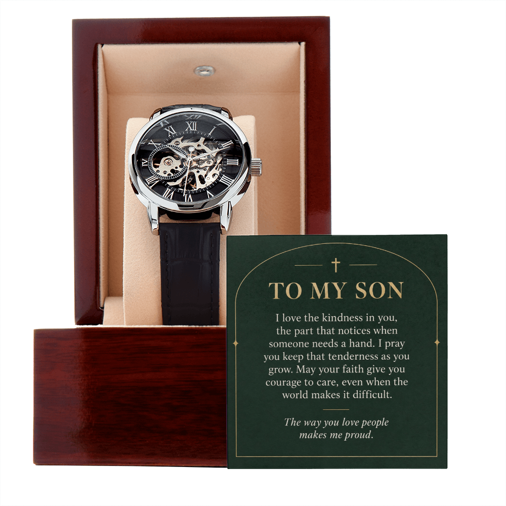 To My Son Openwork Watch – "Makes Me Proud" Message Card & Luxury Gift Box, Christian Faith Gift for Son