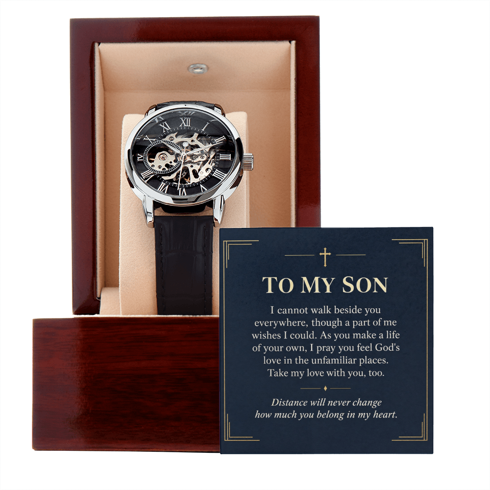 To My Son Openwork Watch – "Belong in My Heart" Message Card & Luxury Gift Box, Christian Faith Gift for Son