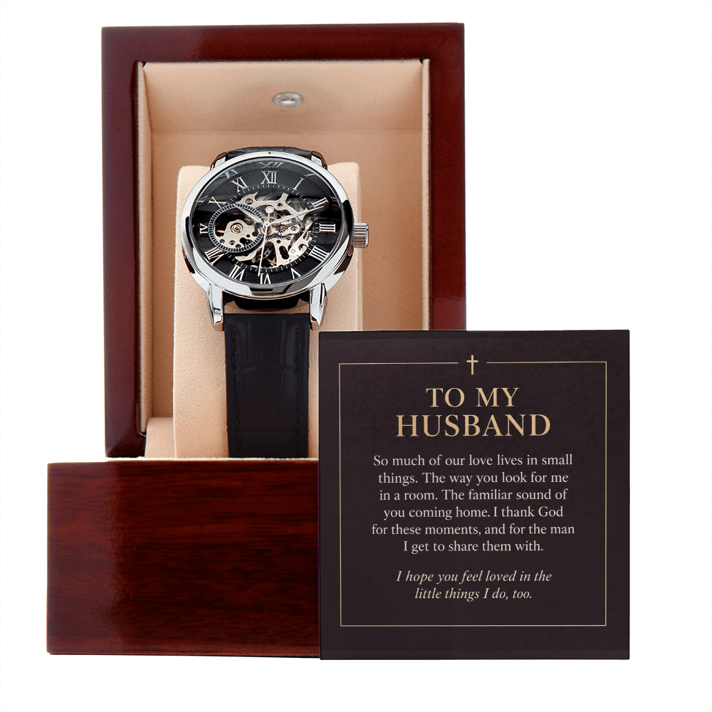 To My Husband Openwork Watch – "Love in Small Things" Message Card & Luxury Gift Box, Christian Faith Gift for Husband