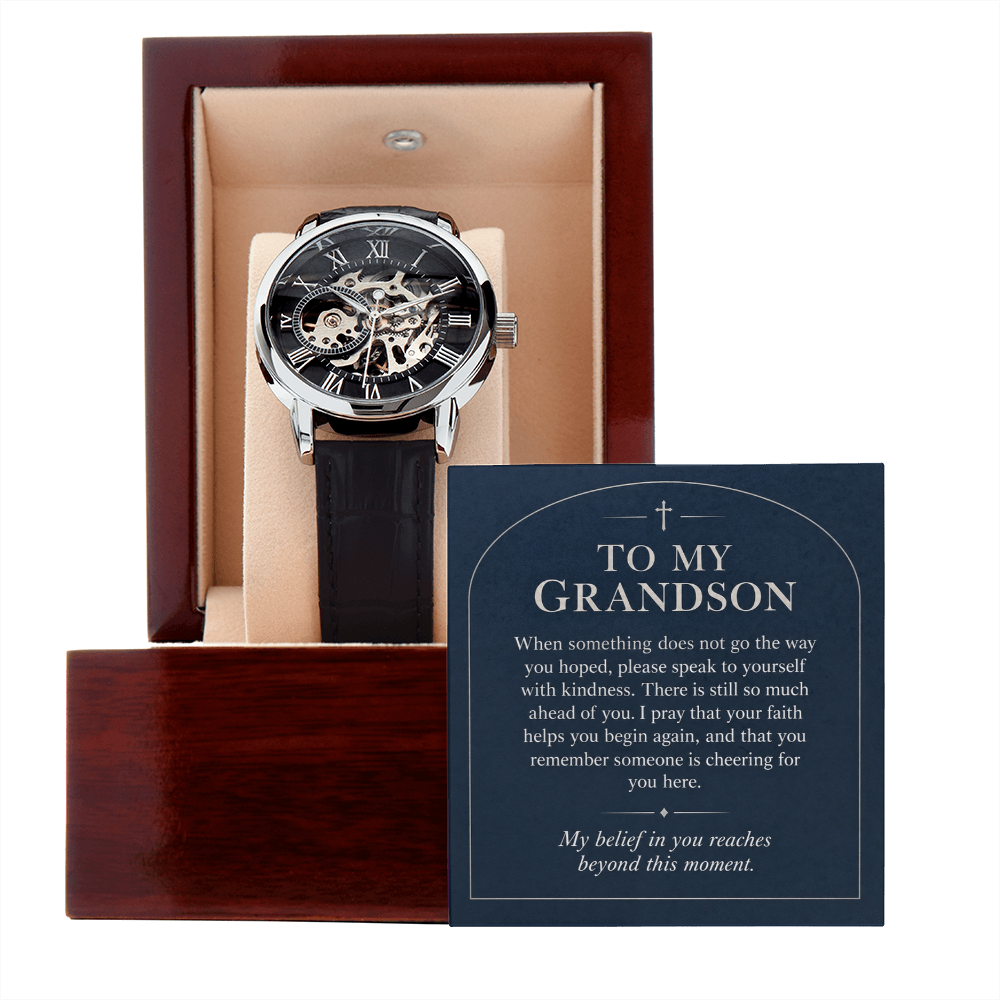 To My Grandson Openwork Watch – "Beyond This Moment" Message Card & Luxury Gift Box, Gift for Grandson