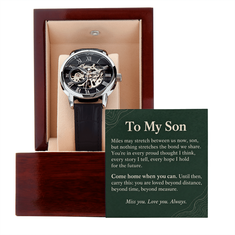 To My Son Openwork Watch – "Beyond Distance" Message Card & Luxury Gift Box, Inspirational Gift for Son