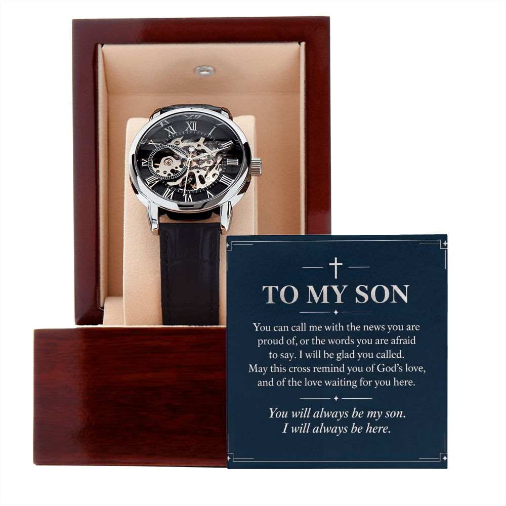 To My Son Openwork Watch – "Always Be Here" Message Card & Luxury Gift Box, Christian Faith Gift for Son