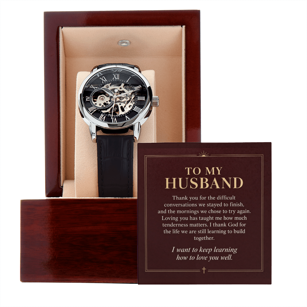To My Husband Openwork Watch – "Keep Learning to Love You" Message Card & Luxury Gift Box, Christian Faith Gift for Husband
