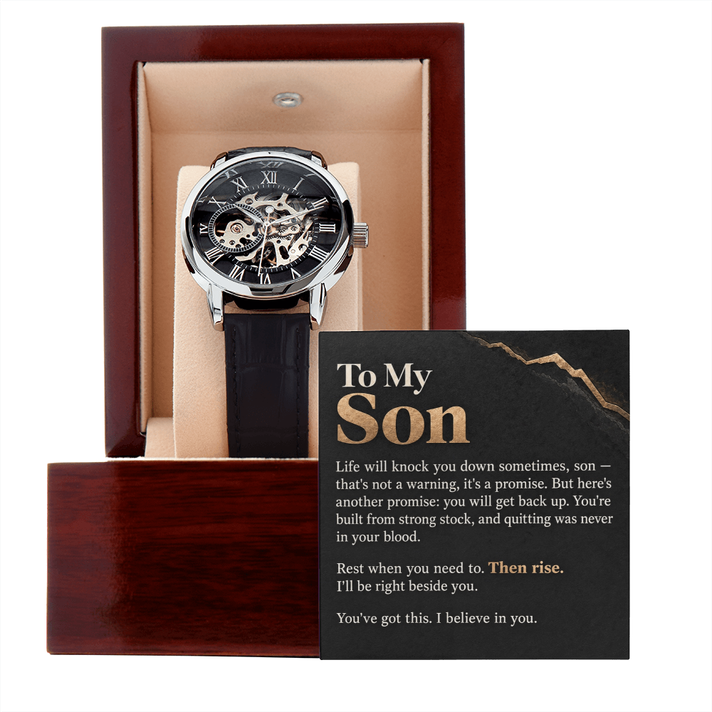 To My Son Openwork Watch – "Then Rise" Message Card & Luxury Gift Box, Inspirational Gift for Son