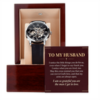 To My Husband Openwork Watch – "Grateful for You" Message Card & Luxury Gift Box, Christian Faith Gift for Husband