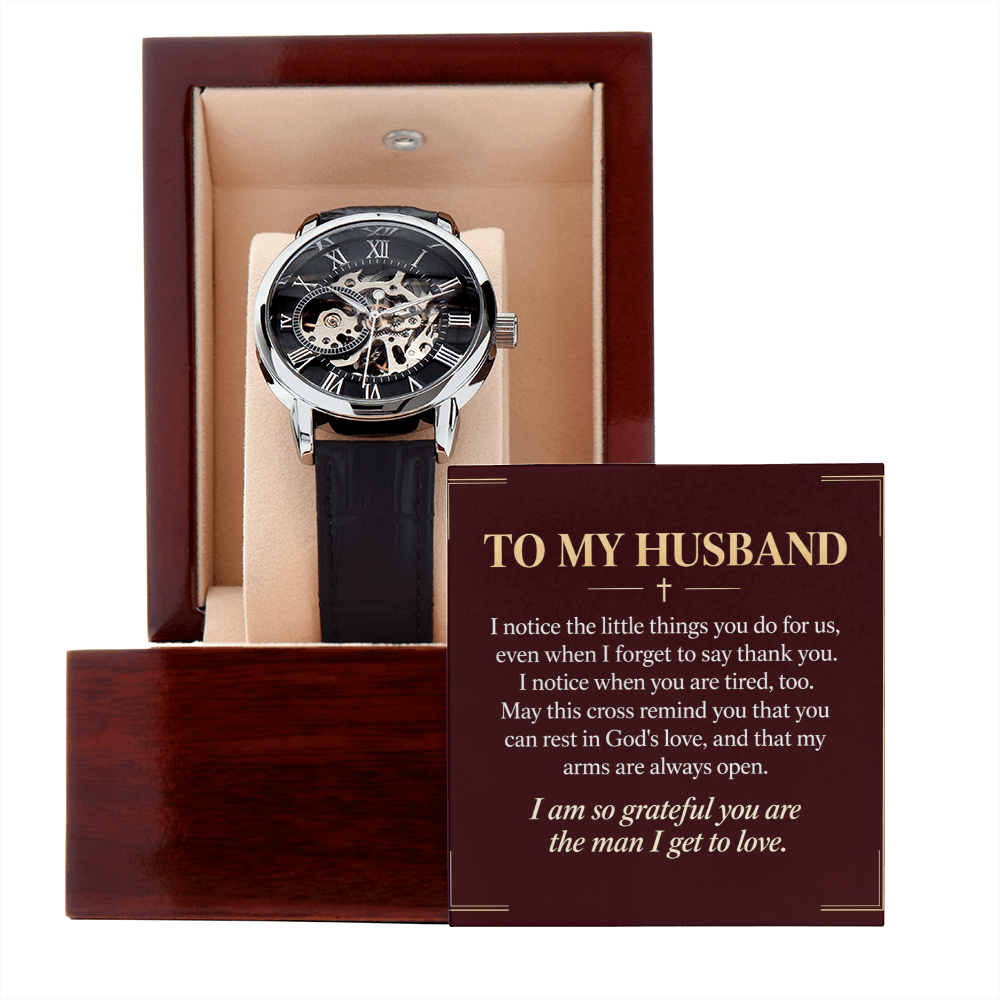 To My Husband Openwork Watch – "Grateful for You" Message Card & Luxury Gift Box, Christian Faith Gift for Husband