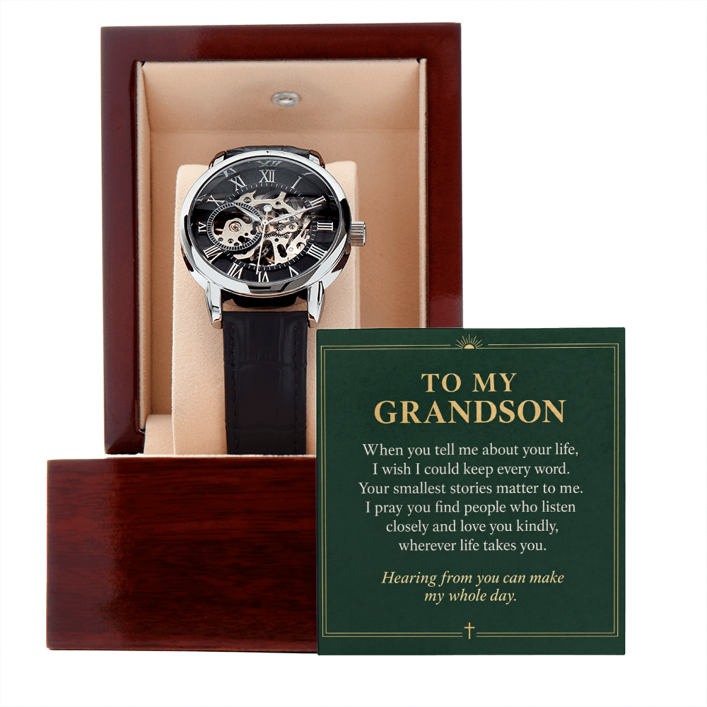To My Grandson Openwork Watch – "Whole Day" Message Card & Luxury Gift Box, Gift for Grandson