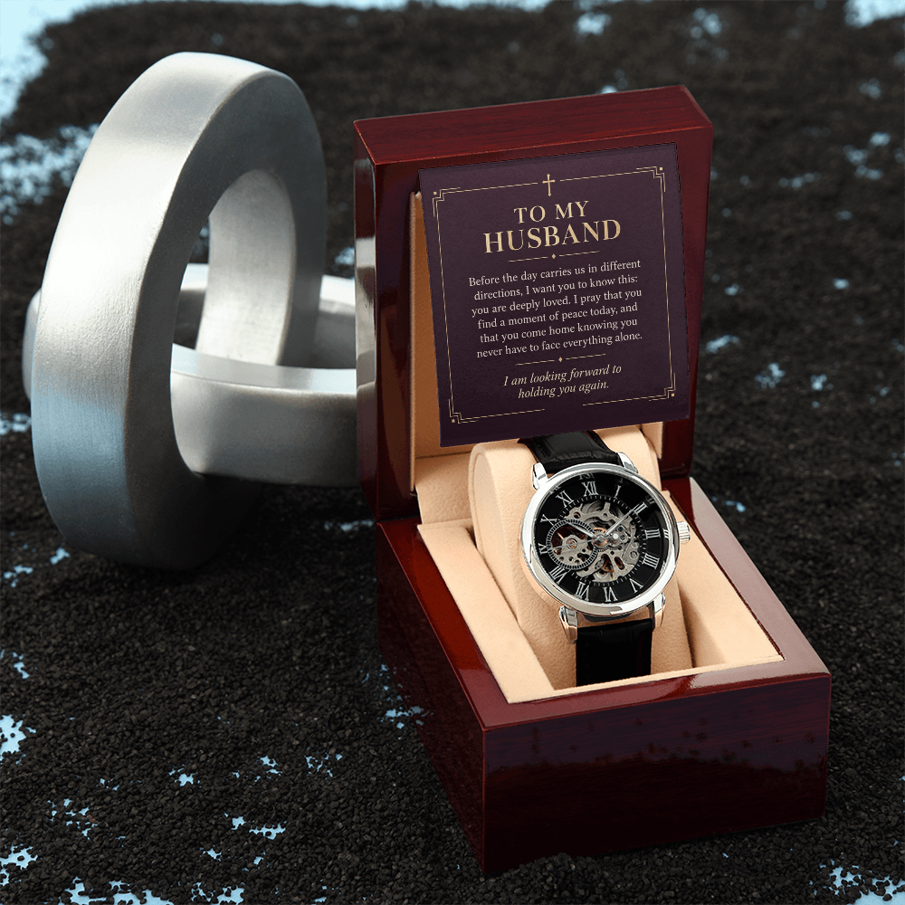 To My Husband Openwork Watch – "Peace Today" Message Card & Luxury Gift Box, Christian Faith Gift for Husband