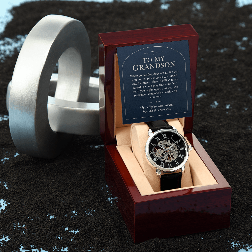 To My Grandson Openwork Watch – "Beyond This Moment" Message Card & Luxury Gift Box, Gift for Grandson