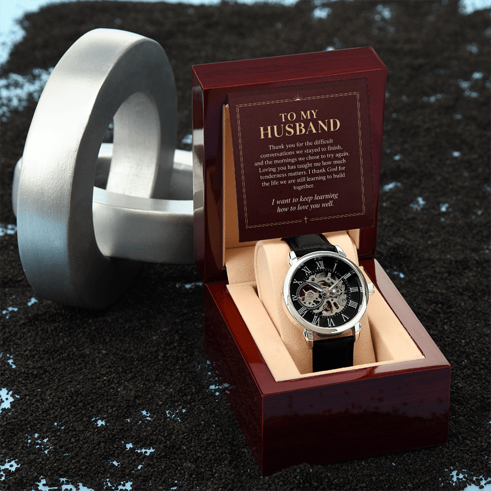 To My Husband Openwork Watch – "Keep Learning to Love You" Message Card & Luxury Gift Box, Christian Faith Gift for Husband