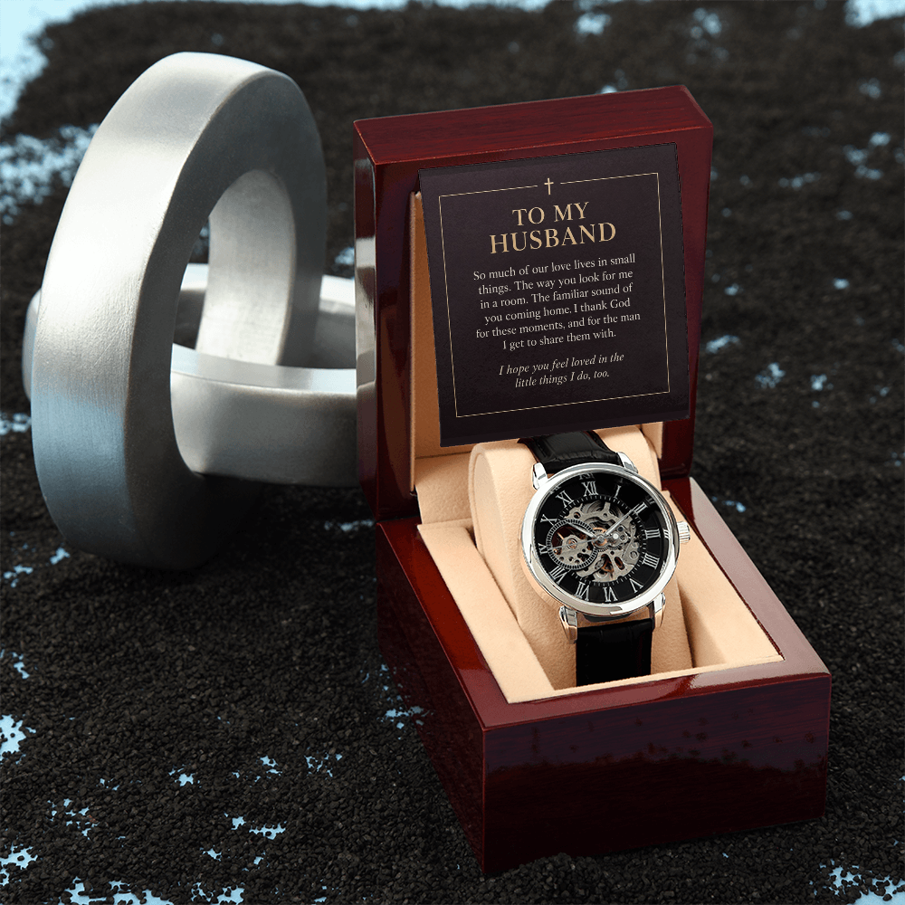 To My Husband Openwork Watch – "Love in Small Things" Message Card & Luxury Gift Box, Christian Faith Gift for Husband