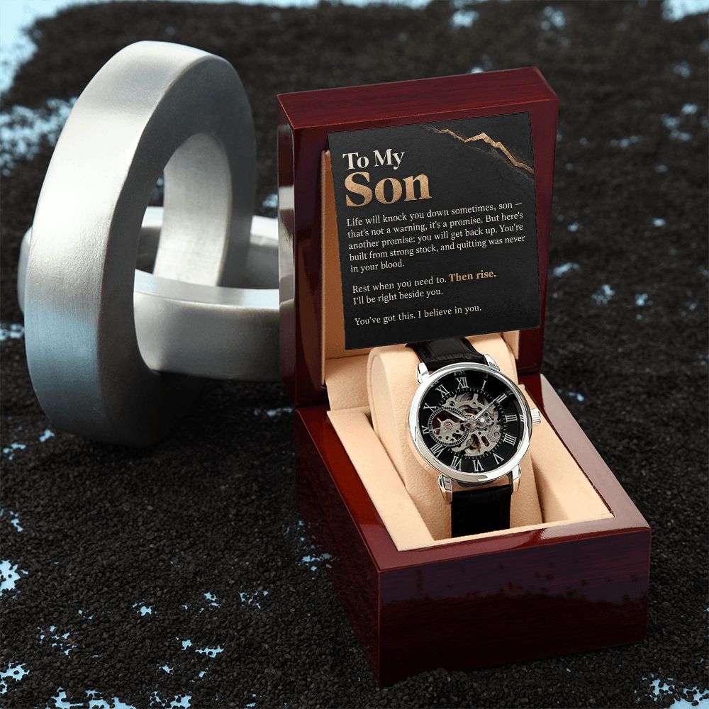 To My Son Openwork Watch – "Then Rise" Message Card & Luxury Gift Box, Inspirational Gift for Son