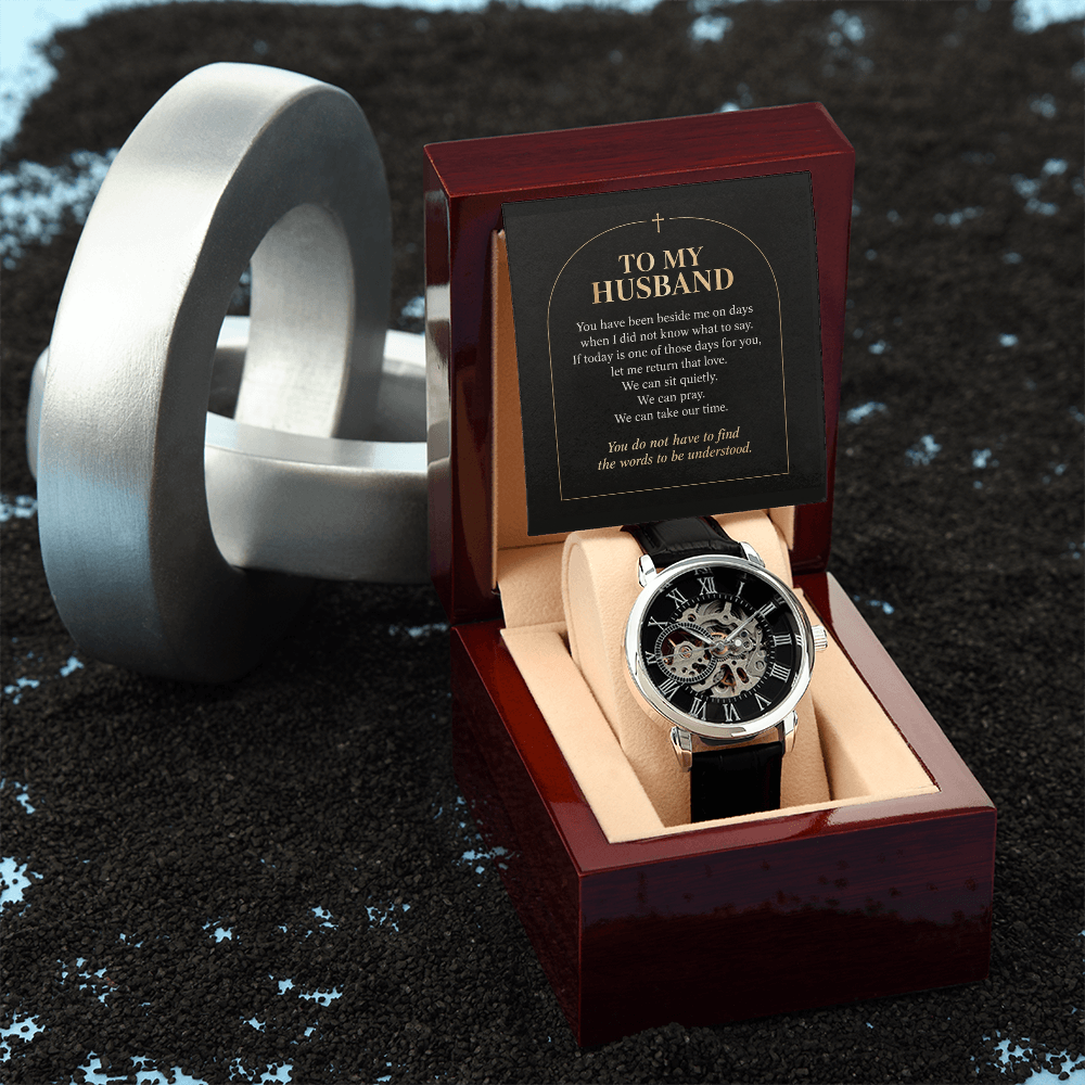 To My Husband Openwork Watch – "Quiet Prayer" Message Card & Luxury Gift Box, Christian Faith Gift for Husband