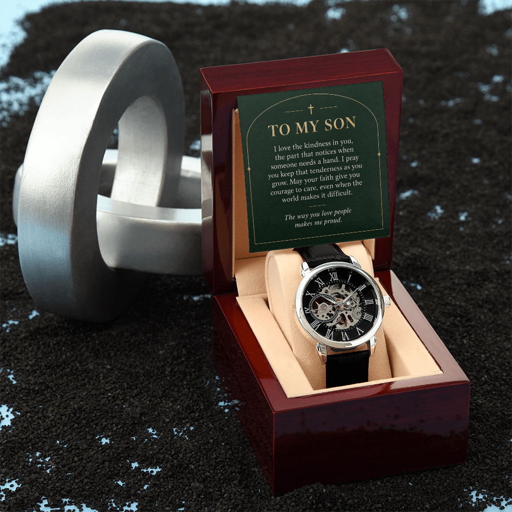 To My Son Openwork Watch – "Makes Me Proud" Message Card & Luxury Gift Box, Christian Faith Gift for Son