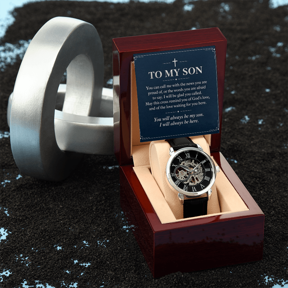 To My Son Openwork Watch – "Always Be Here" Message Card & Luxury Gift Box, Christian Faith Gift for Son