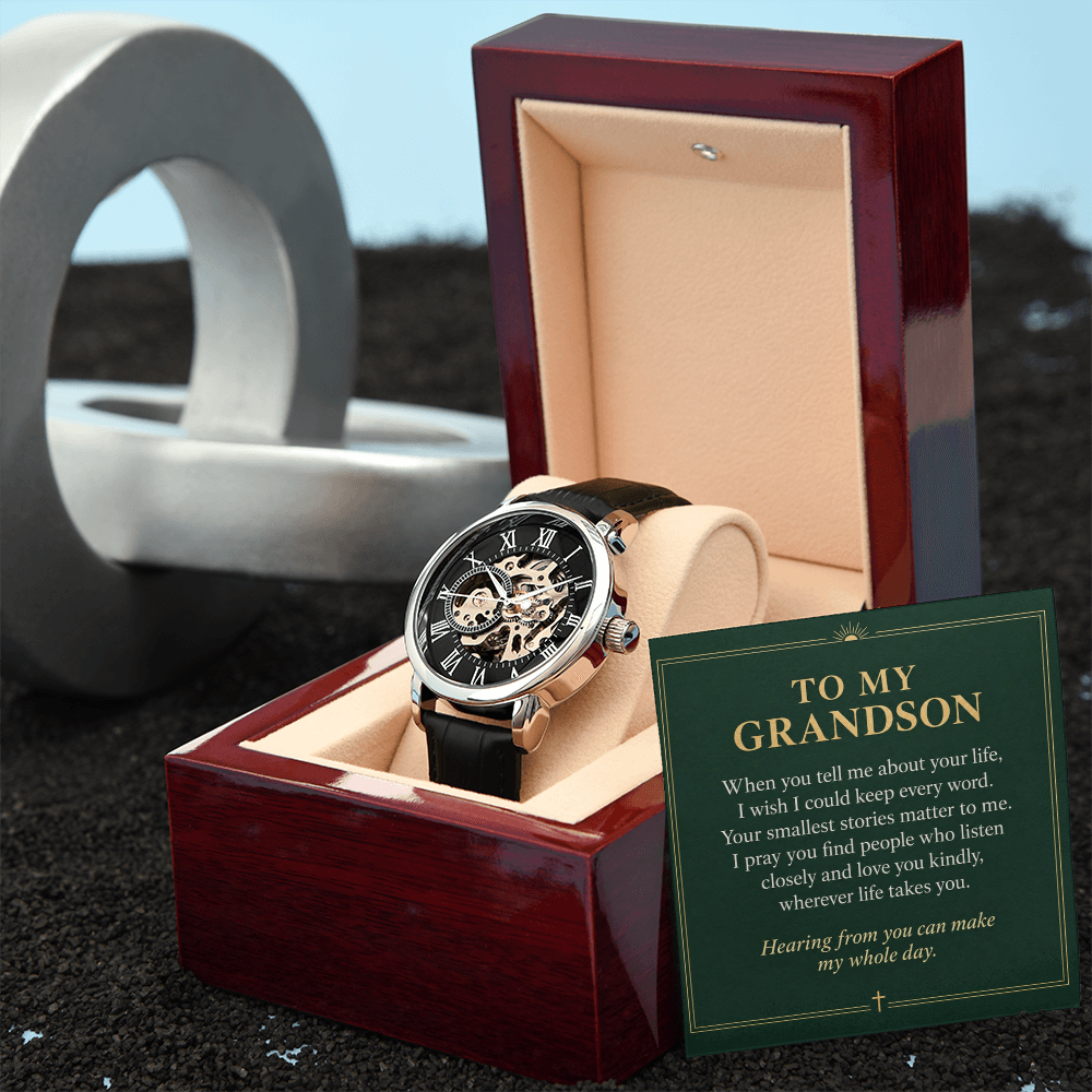 To My Grandson Openwork Watch – "Whole Day" Message Card & Luxury Gift Box, Gift for Grandson