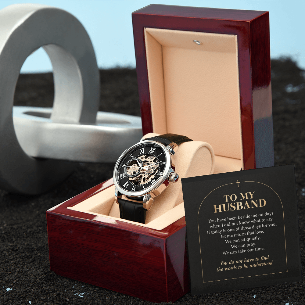 To My Husband Openwork Watch – "Quiet Prayer" Message Card & Luxury Gift Box, Christian Faith Gift for Husband