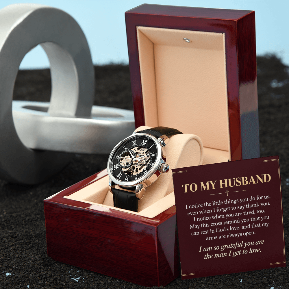 To My Husband Openwork Watch – "Grateful for You" Message Card & Luxury Gift Box, Christian Faith Gift for Husband