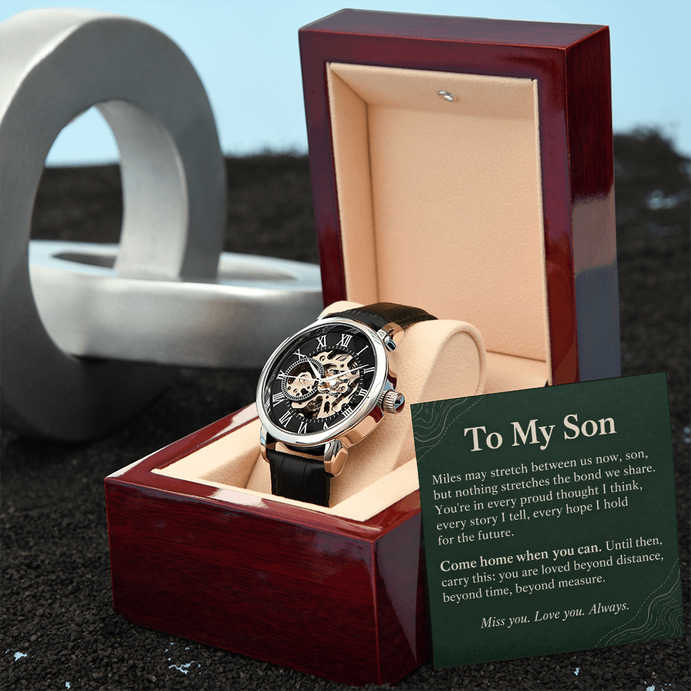 To My Son Openwork Watch – "Beyond Distance" Message Card & Luxury Gift Box, Inspirational Gift for Son