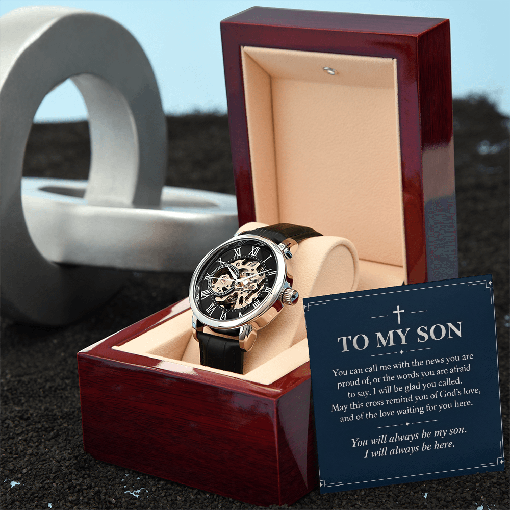 To My Son Openwork Watch – "Always Be Here" Message Card & Luxury Gift Box, Christian Faith Gift for Son