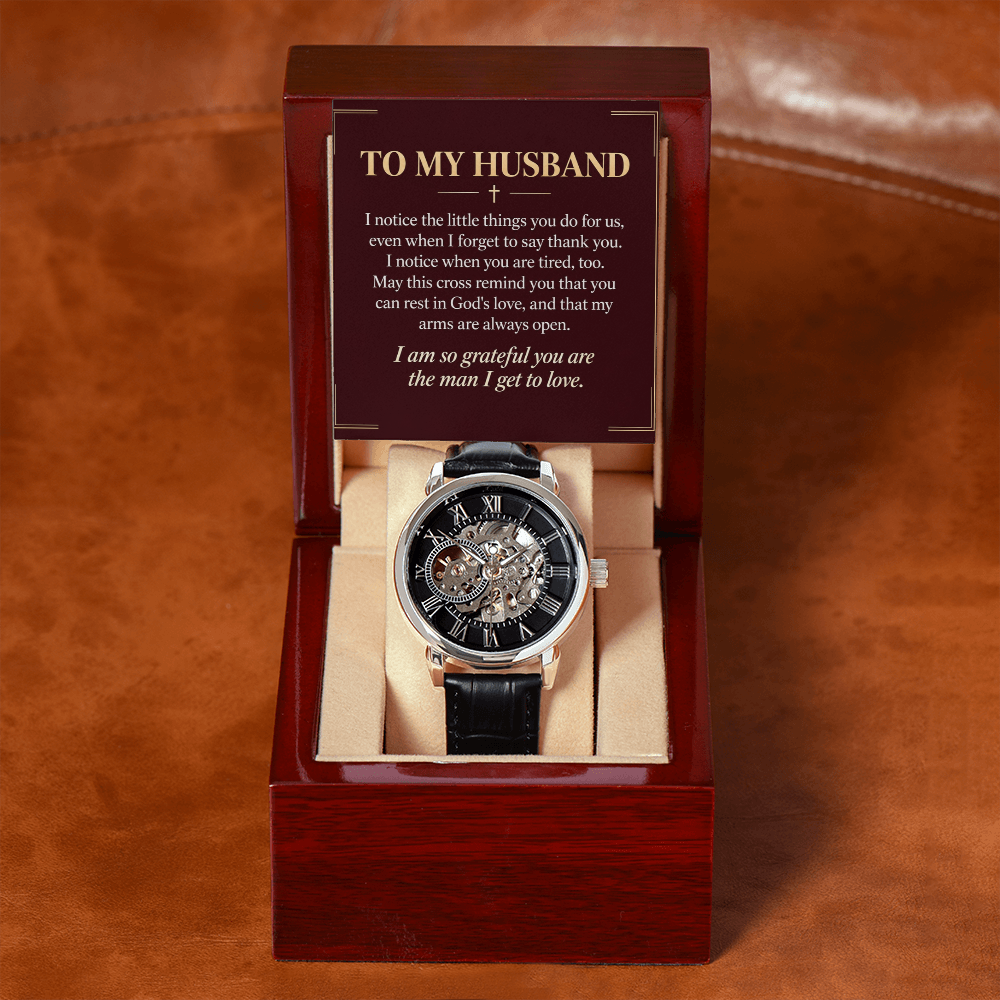 To My Husband Openwork Watch – "Grateful for You" Message Card & Luxury Gift Box, Christian Faith Gift for Husband