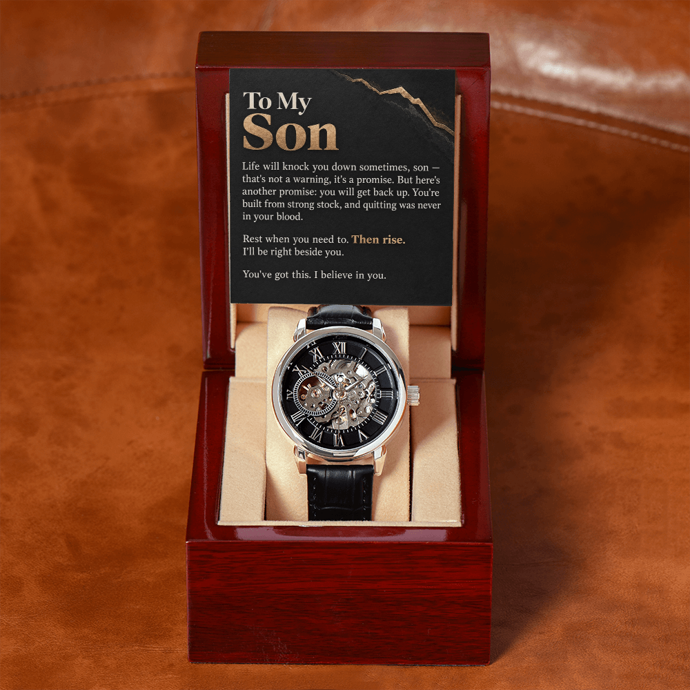 To My Son Openwork Watch – "Then Rise" Message Card & Luxury Gift Box, Inspirational Gift for Son