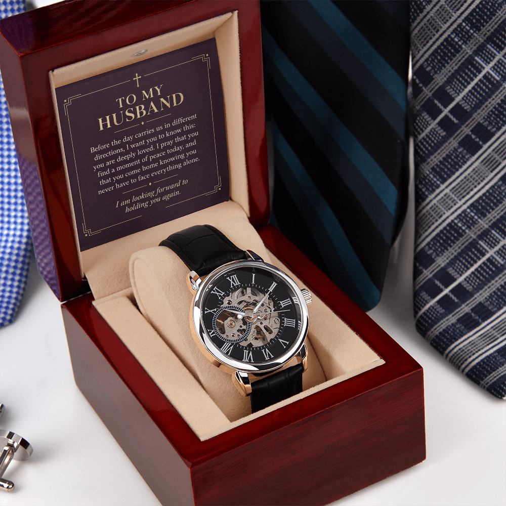 To My Husband Openwork Watch – "Peace Today" Message Card & Luxury Gift Box, Christian Faith Gift for Husband