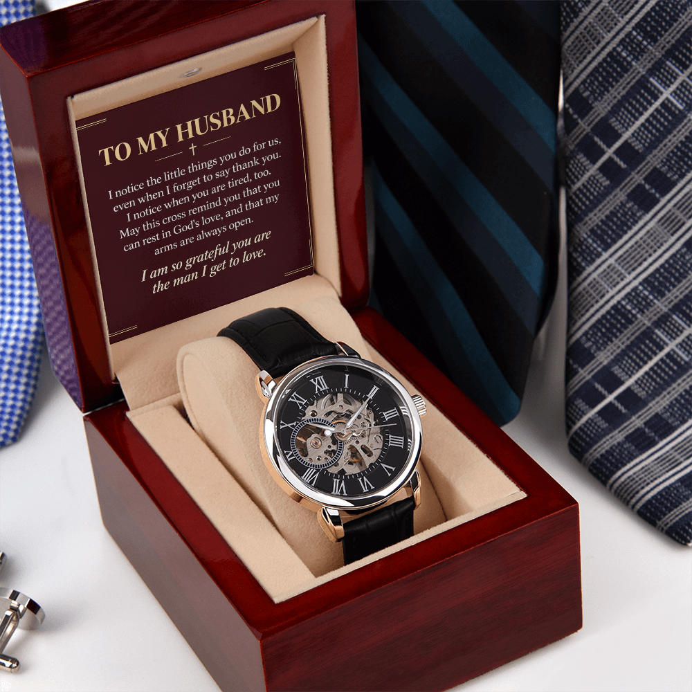 To My Husband Openwork Watch – "Grateful for You" Message Card & Luxury Gift Box, Christian Faith Gift for Husband