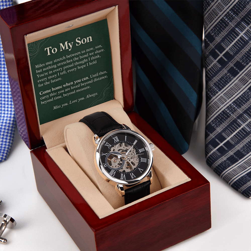 To My Son Openwork Watch – "Beyond Distance" Message Card & Luxury Gift Box, Inspirational Gift for Son