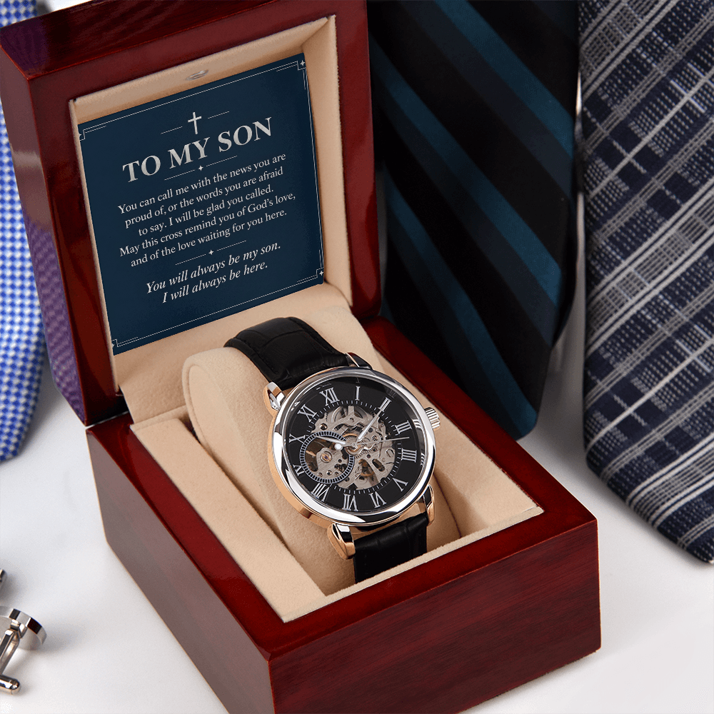 To My Son Openwork Watch – "Always Be Here" Message Card & Luxury Gift Box, Christian Faith Gift for Son