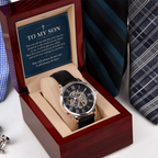 To My Son Openwork Watch – "Always Be Here" Message Card & Luxury Gift Box, Christian Faith Gift for Son