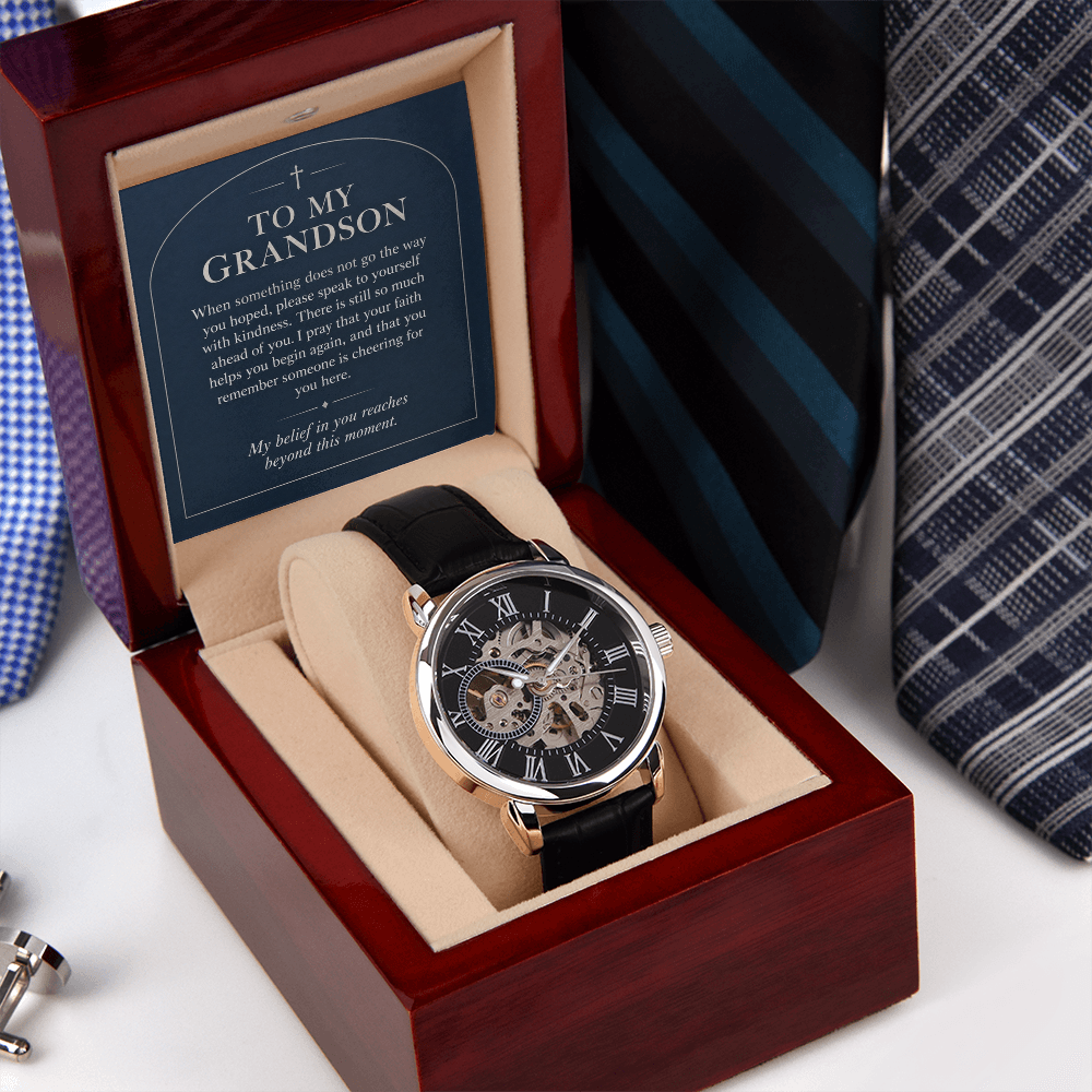 To My Grandson Openwork Watch – "Beyond This Moment" Message Card & Luxury Gift Box, Gift for Grandson